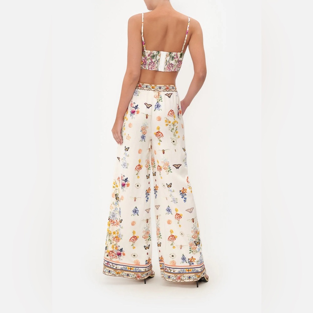 Camilla “Queens Bee Hive” Cream Linen Floral Print Wide-Leg Lounge Pants M - Picture 3 of 12